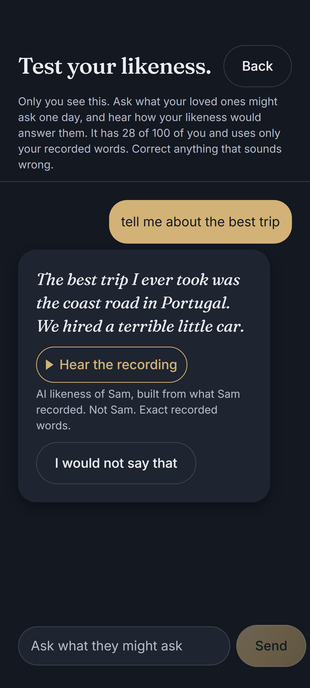 Mindument on a Google Pixel, in the Night palette: talking to your own AI likeness.